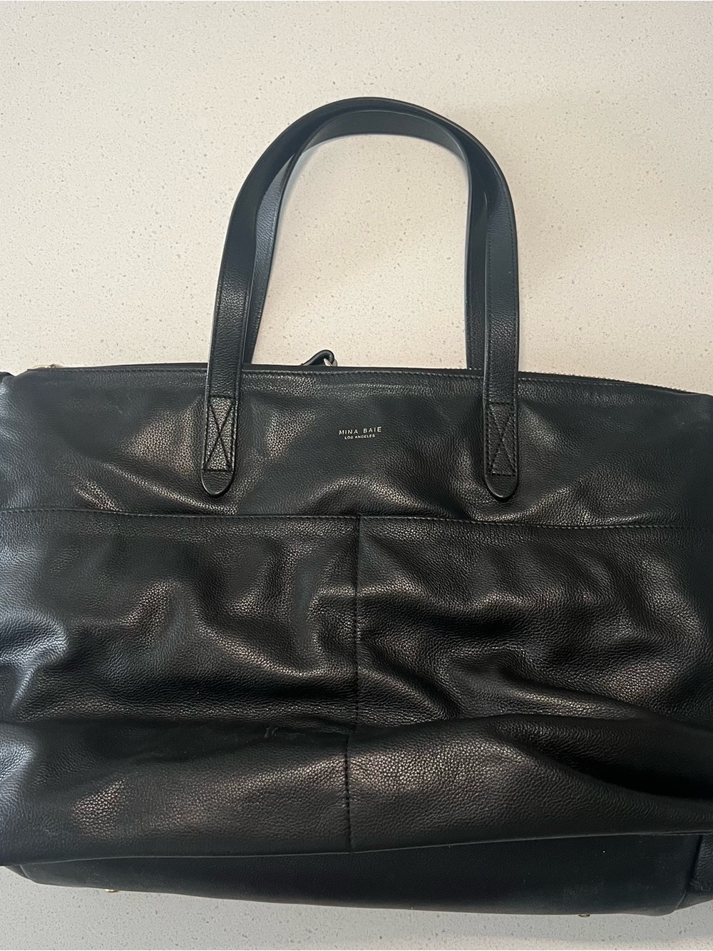 MINA BAIE Black Leather Diaper Tote Crossbody Backpack Bag